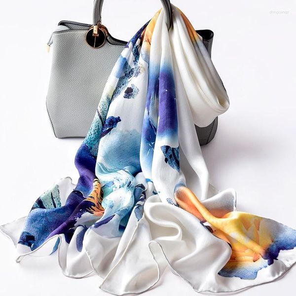 Foulards Nature Soie Longue Écharpe Pour Femmes Châles Chinois Bleu Mode Foulard Satin Imprimé Cou