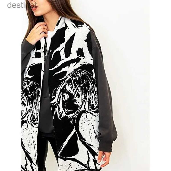 Foulards Nouvelle mode créative Y2KAesthétique tricoté écharpe pour femme écharpe d'hiver pour homme tablier noir imprimé Anime haute rue vintage ScarvesL231013