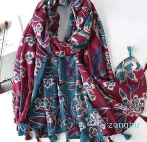 Foulards Nouvelle mode imprimé lin doux coton écharpe châles abstrait Floral gland Viscose foulards dame haute qualité Long Hijab