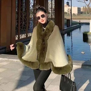 Bufandas Novedad Gradiente Teñido Faux Rex Fur Cape Shawl Big Knit Acrílico Cashmere Cardigan Poncho Mujeres Abrigos de invierno Abrigo