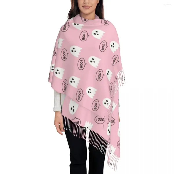 Bufandas Pink Ghosts Shawl Wrap para mujeres Invierno Grande Bufanda suave Feliz Halloween Pashminas Borla