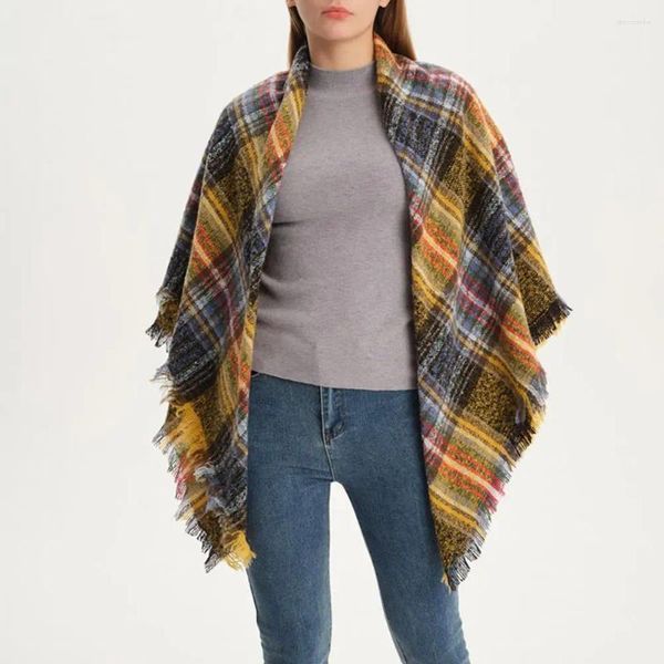 Bufandas Bufanda a cuadros Estampado de flecos para mujer Ancho Cálido Elegante Triángulo Mantón con contraste Color Otoño Invierno Protección del cuello