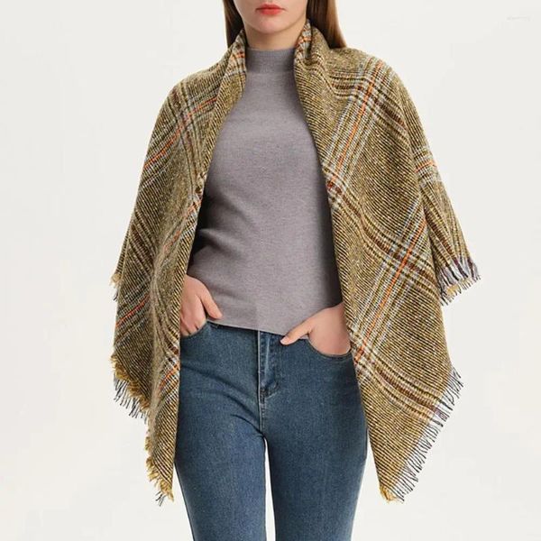 Bufandas a cuadros triángulo bufanda impresión franja para mujeres cálido invierno chal capa con forma ancha contraste color elegante