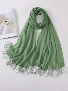 Foulards en mousseline de soie unie avec dentelle Hijabs femmes mode écharpe Islam vêtements foulards châle pour dames bandeau Ramadan