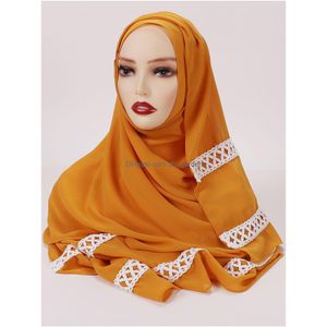 Foulards Foulard en mousseline de soie de couleur unie Hijab avec dentelle blanche Femme tête islamique ER Wrap pour les femmes musulmanes Hijabs Foulards de cheveux Hea Dhgarden Dhe0F