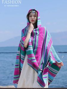 Foulards Poncho Femme Vintage Long Gland Châle Hiver Stripe Split Cape Thermique À Capuchon Double Face Pashimina 231007