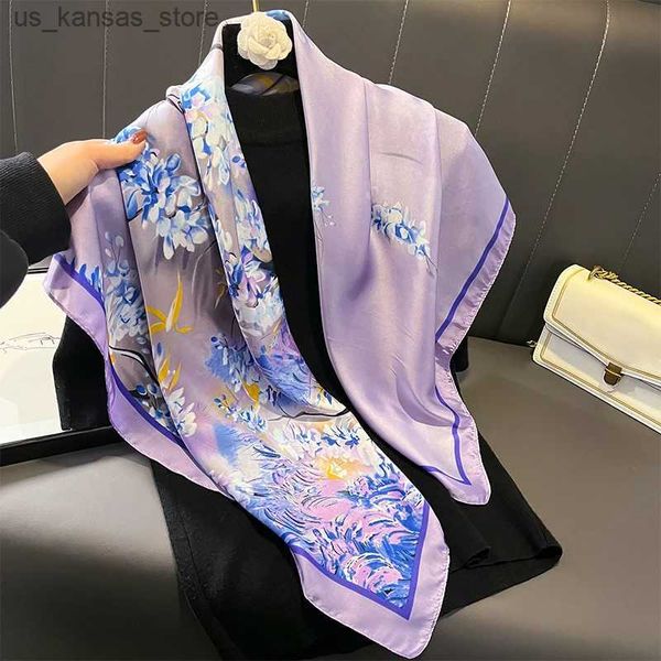 Écharpes imprimées en soie en soie écharpe hijab féminin bandana 90 cm foulard noukerchief dames châle de châle enveloppe de bandeau