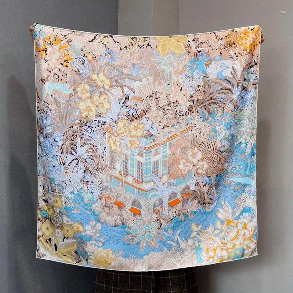 Foulards Foulard en soie pure Femmes Sintra Garden Imprimer Square Wraps Foulard Gros Hijabs Foulards Bandana 90x90cm