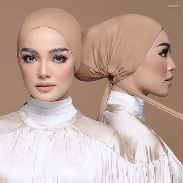 Foulards Ramadan foulard musulman intérieur réglable sous le bonnet Hijab avec attaches écharpe arrière couleur unie Bonnet casquettes Turban