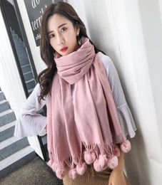 Sjaals echte pels pompom roze sjaal voor vrouwen solide kleur gele kasjmere winter sjaal vrouwelijk witte zwarte hijab stal2985082