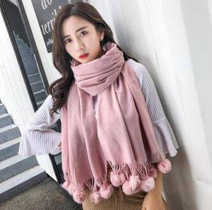 Sjaals echte pels pompom roze sjaal voor vrouwen solide kleur gele kasjmere winter sjaal vrouwelijk witte zwarte hijab stal3347452