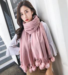 Sjaals echte pels pompom roze sjaal voor vrouwen solide kleur gele kasjmere winter sjaal vrouwelijk witte zwarte hijab stal1717172