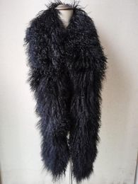 Bufandas de piel de cordero real de Mongolia, pañuelo para el cuello, chal cálido de invierno para mujer, abrigo largo negro