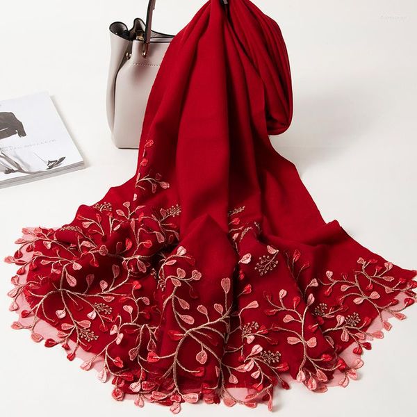 Bufandas rojas para mujer, chales bordados cálidos de lujo para invierno, chales, Pashmina grande, bufanda de cuello largo, estola de retazos de encaje, 195x65cm