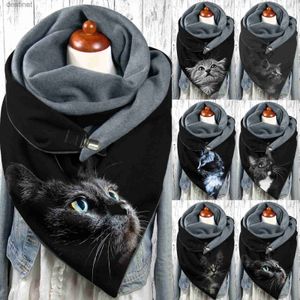 Foulards Rétro bouton écharpe mode chat noir impression hiver écharpe femmes chaud doux enveloppes polaire foulards Femme cou Wrap Echarpe FemmeL231013