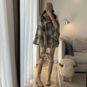 Foulards Rétro Hiver Femme Plaids Manteau Manteau Faux Lapin Fourrure Col À Revers Épais Capes Laine À Carreaux Châle Cardigan Poncho Veste Tops 231204