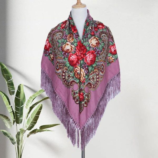 Écharpes russes Cape Style ethnique rétro châle écharpe avec gland fleur imprimé Ponchos Capes vent Wrap grand carré pour le printemps