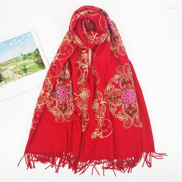 Foulards Écharpe Épais Hiver Femmes Chaud Cachemire Chinois Noeud Broderie Gland Châle Wrap Couverture Hijab Pashmina