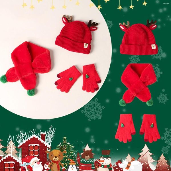 Bufandas Bufanda Sombrero de tres piezas Conjunto Guantes Terciopelo para niños lindo Bebé Lana Traje de Navidad Cuernos