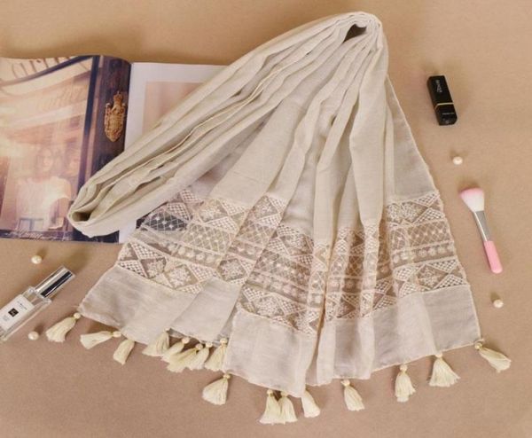 Foulards vente gland coton hijab écharpe femmes couleur unie dentelle châle enveloppement grande taille pashmina étole musulmane femme bufanda7148363