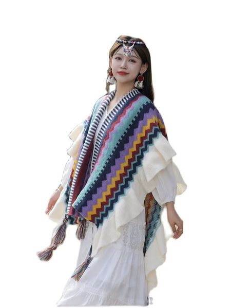 Écharpes Châle Wrap Femmes Style Ethnique Tricot Cape Fringe Voyage Vacances Bois Oreille Extérieur Multifonctionnel Poncho Femmes 231007