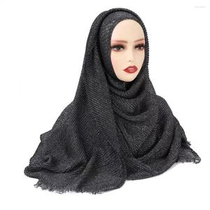 Sjaals Shimmer Geplooide Hijab Effen Glanzende Gekreukte Sjaal Met Zilveren Lurex Glitter Effen Kleur Moslim Elastische Hoofd