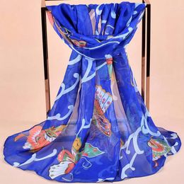 Sjaals Zijde Lange Chiffon Hijab Vrouwen Sjaal Vlinder Bloemen Afdrukken Vakantie Accessoire Sjaal Rood Blauw Hoofd Bandana