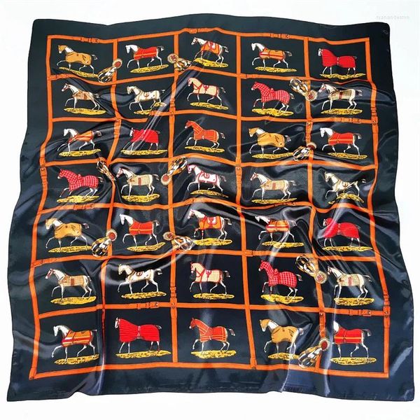 Bufandas Seda Satén Cuadrado Bufanda Mujeres Caballo Hijabs Bandana Diadema Señoras Chales Bolsa Wrap Pañuelo Foulard 90 cm