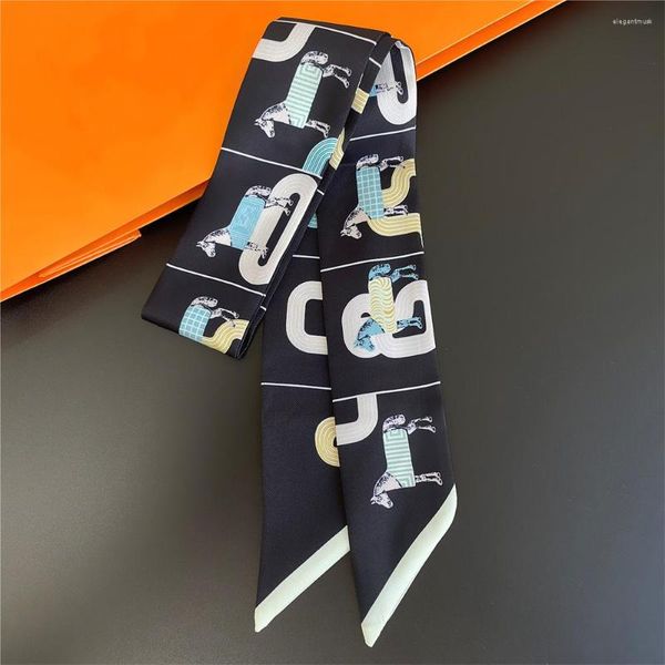 Foulards Soie Foulard Femmes Cheval Imprimer Sac Maigre Wraps Conception Poignet Serviette Foulards Foulard Bandeau Musulman Hijabs 5x95CM