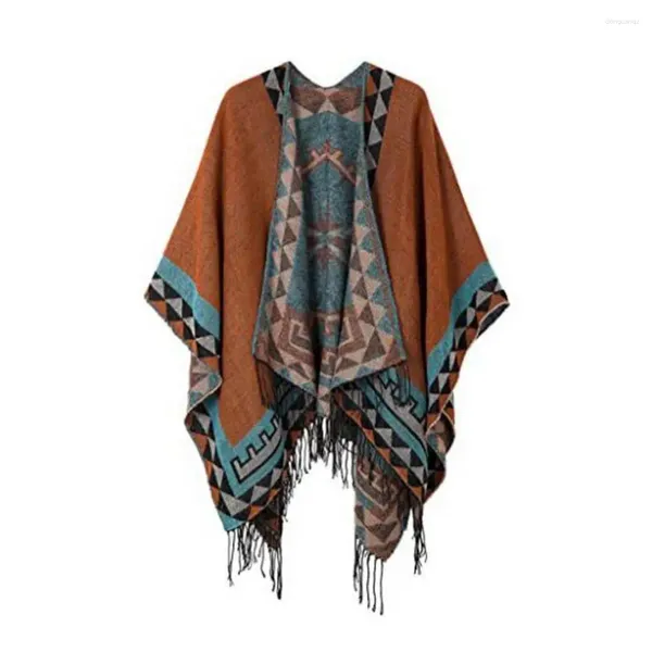 Foulards Doux Texture Châle Vintage Imprimer Gland Irrégulier Hem Cape Poncho Géométrique Contraste Couleur Imitation Cachemire Automne