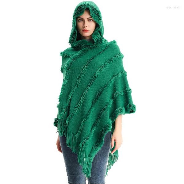 Foulards solide Cape manteau femmes Poncho épais gland ourlet irrégulier Cape pull tricoté avec capuche Capa Mujer