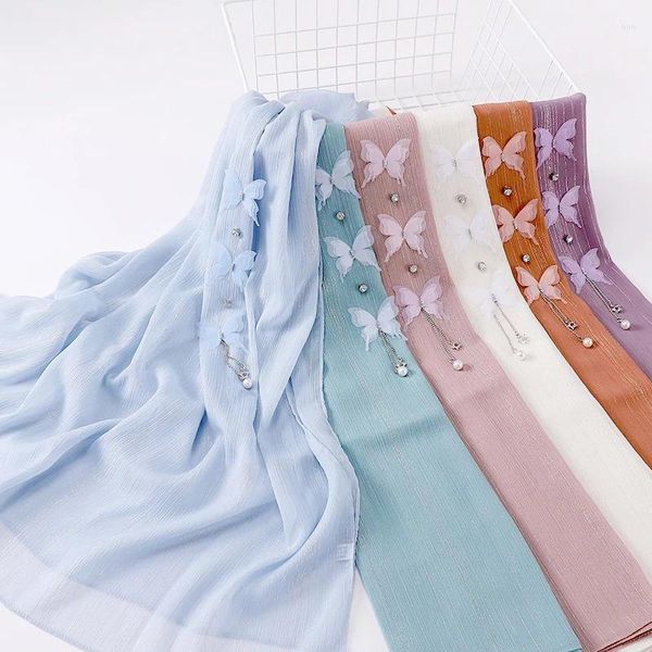 Foulards Couleur unie Dentelle Bow Écharpe Sheer Mousseline de soie Gland Head Wrap Filament d'argent Ridé Papillon Hijab Élégant Femmes Musulmanes Turban