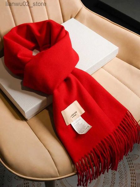 Bufandas Color sólido retro chino borlas rojas moda cómoda y simple para mujer nueva bufanda otoño engrosado cuello cálido chal largo Q240228