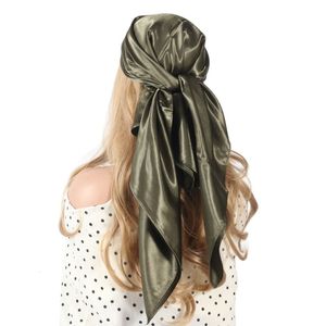 Foulards Couleurs solides Foulard en soie Femmes Satin Hairhead Noir Blanc Armée Vert Marron Kaki Carré 9090cm Foulard Femme Hijab 230825