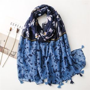 Foulards printemps et été bleu foncé lumière contraste couleur fleur gland coton lin écharpe châle femmes mince mode Si