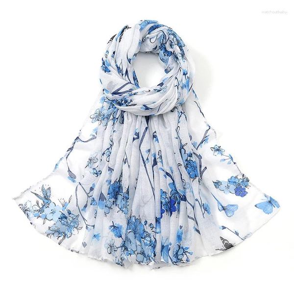 Foulards Printemps Été Mode Mousseline de Soie Foulard Châle Femmes Élégant Fleur Papillon Imprimer Musulman Hijab Écharpe Plage Voyage Turban Head Wrap