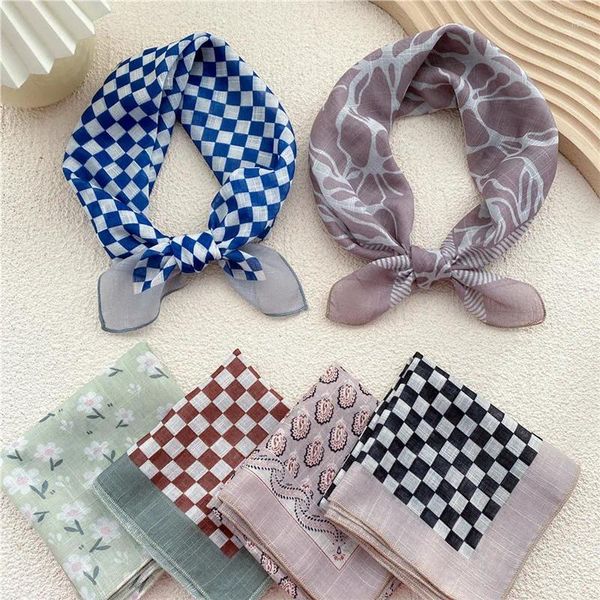Foulards carrés Bandanas imprimé Plaid Floral coton lin écharpe foulard Turban Wrap bandeau bandeau cheveux accessoires pour les femmes