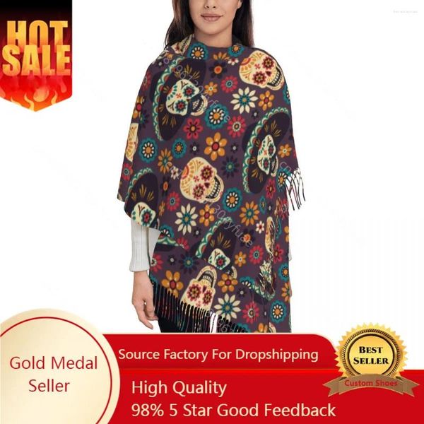 Foulards Sucre Crâne Floral Écharpe Pour Femmes Hiver Chaud Pashmina Châle Wrap Jour Des Morts Halloween Grand Usage Quotidien