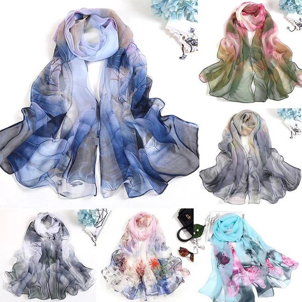 Foulards Mode d'été Femmes Foulard Mousseline de soie Georgette Imprimé Floral Foulard en soie Châles Femme Longues Wraps Plage Crème Solaire Musulman Hijab