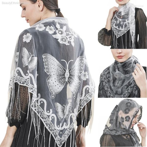 Foulards D'été Mince Papillon Écharpe Femmes Triangle Dentelle Gaze Poncho Châles Avec Glands Foulard Musulman Hijab Wraps Accessoires De Plage