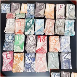 Bufandas Tarot Marca Bufandas de seda 26 letras Iti Impresión pintada a mano Pequeña sarga Imitación Bufanda Atado Bolsa Mango Drop Entrega Fashio Dhujq