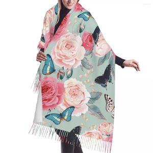 Sjaals Kwastje Sjaal Groot 196 68cm Pashmina Winter Warme Sjaal Wrap Bufanda Vrouwelijke Roze Pioenroos Rozen En Vlinder Kasjmier