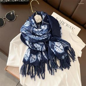 Bufandas La bufanda de algodón y lino de la serie azul en el mismo color es un chal de borla lujoso de moda cómodo