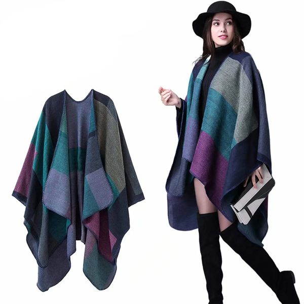 Foulards épaissir hiver châle enveloppes cape femmes automne ponchos plus taille bloc plaid ouvert pull avant polaire écharpe manteau tenues de vacances 231205