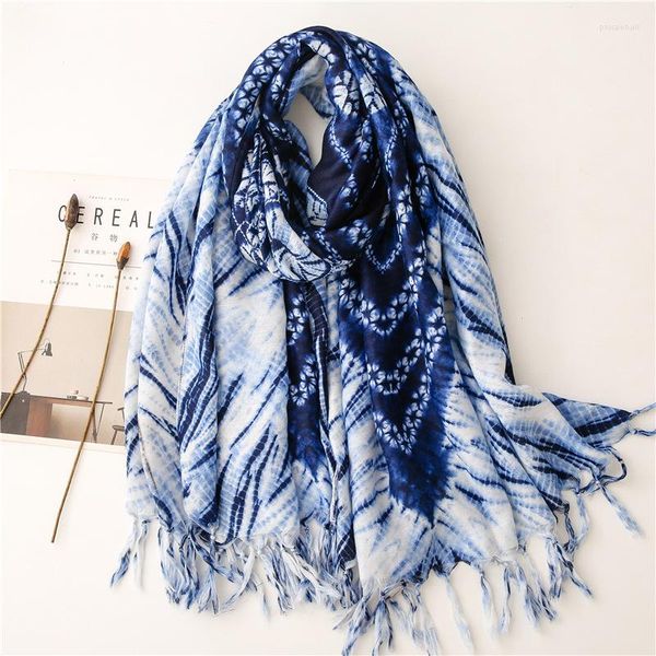 Foulards Cravate Teinture Bleu Et Blanc Poterie Série Coton Écharpe Femmes Voyage Châle Art Accessoires Pashmina Hijab