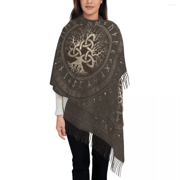 Écharpes Arbre de vie avec Triquetra Cuir marron et écharpe à pompons dorés Doux Viking Norse Yggdrasil Châles Wraps Hiver Automne