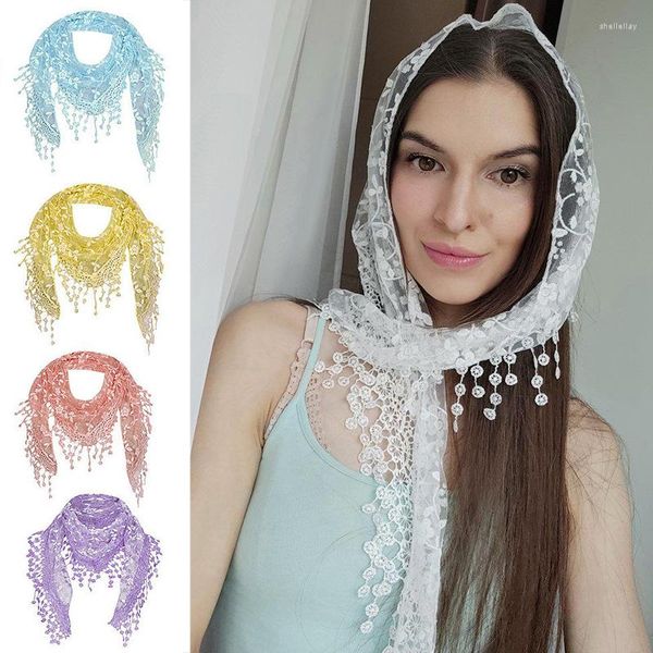 Bufandas de moda para mujer, bufanda triangular de encaje, pañuelo de flores rosas huecas, chal elegante con borlas para mujer, pañuelo para la cabeza, pañuelo para niñas