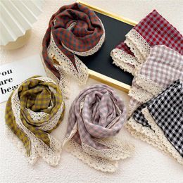 Foulards Triangle Rhombus Coton Femmes Filles Foulard Bord De Dentelle Foulard Carré Plaid Bandana Bandeau Écharpe Cou Accessoires