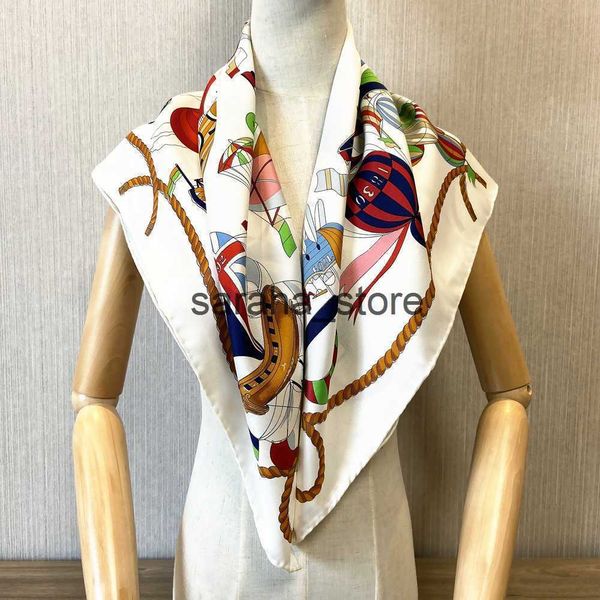 Foulards Twill Soie Carré Écharpe De Luxe Marque Femmes Poissons Ballon À Air Chaud Imprimé Dames Turban Châle Bohème Serviette De Plage Foulards J230801