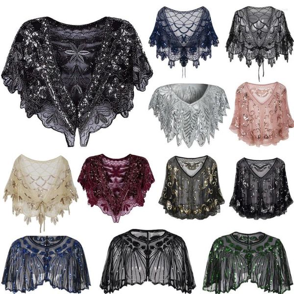 Foulards Vintage 1920S Flapper Châle Sequin Perlé Court Cape Femmes Soirée Wrap Poncho Shrug Gatsby Party Mesh Bolero Cover Up Écharpe Top